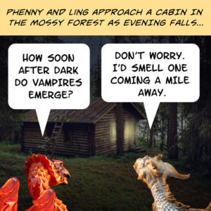 Phenny and Ling approach the cabin in the woods